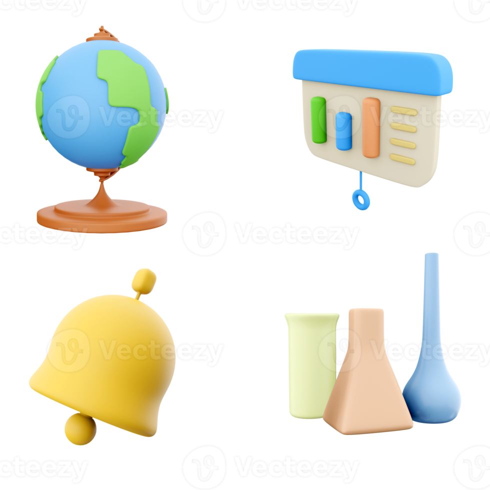 3d Rendern Globus Modell, Präsentation Tafel mit Histogramm, Glocke und chemisch Flaschen Symbol Satz. 3d machen Wissenschaft und Bildung Konzept Symbol Satz. png