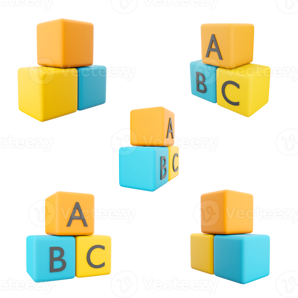 3d renderen een b c blokken Verbinden decoupeerzaag puzzel icoon set. 3d geven baby kind intelligentie- ontwikkeling verschillend standen icoon set. png