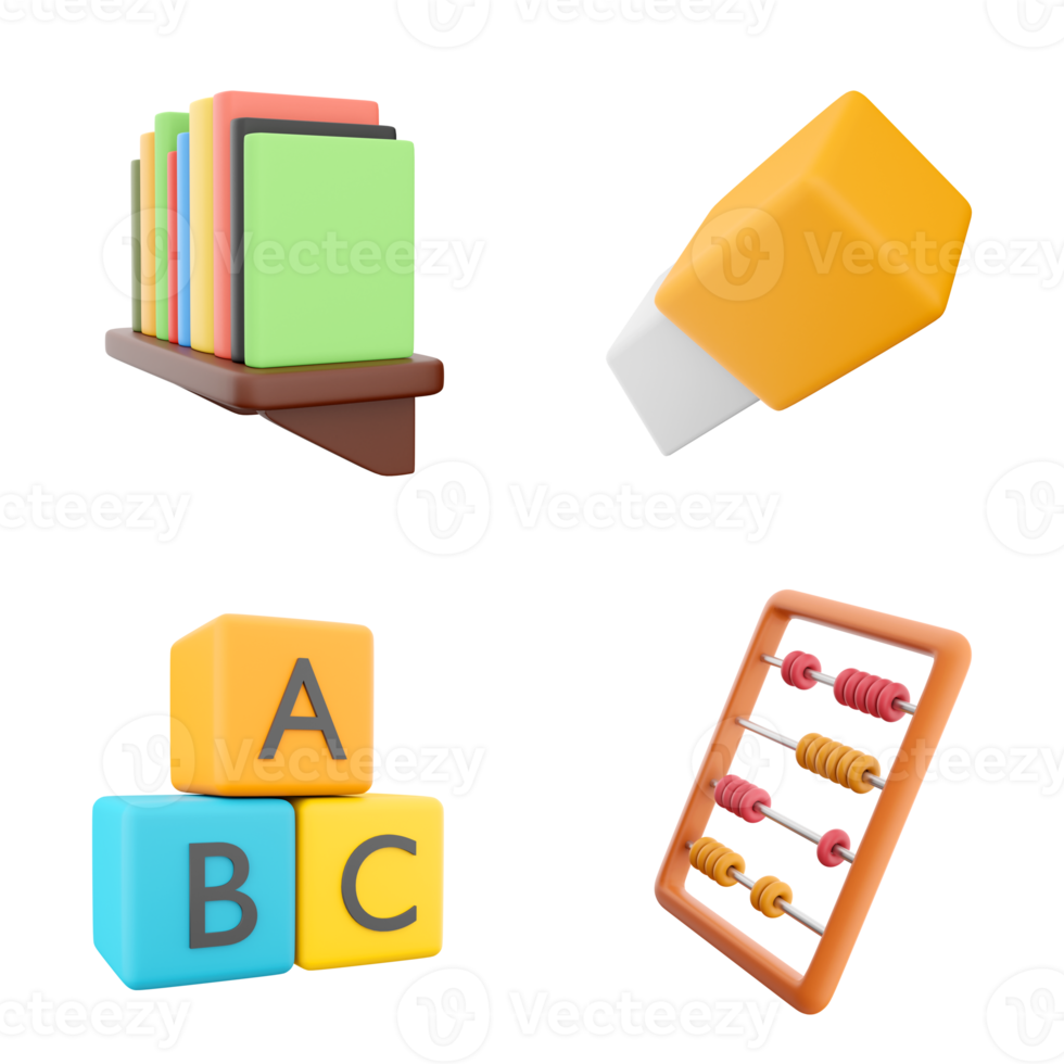 3d rendering bookshelf with books, eraser, A B C blocks and abacus icon set. 3d render education concept icon set. png