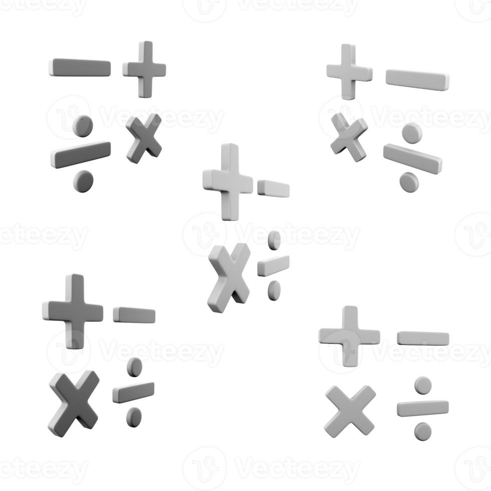 3d renderen eenvoudig wiskundig symbolen icoon set. 3d geven tekens van vermenigvuldiging, toevoeging, aftrekken en divisie verschillend standen icoon set. png