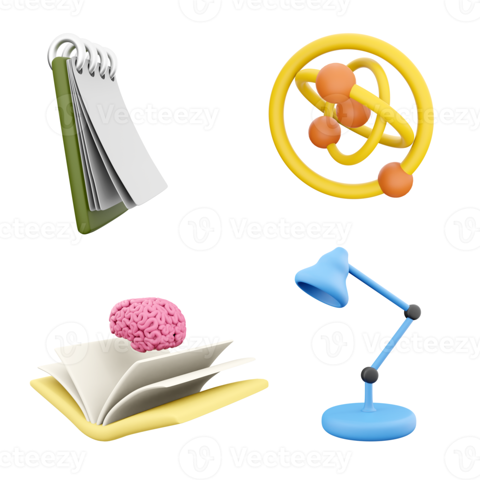 3d rendering notepad, atom model with neutron, nucleus, electron and proton, open book with a brain inside and desk lamp icon set. 3d rendering science, education concept icon set. png