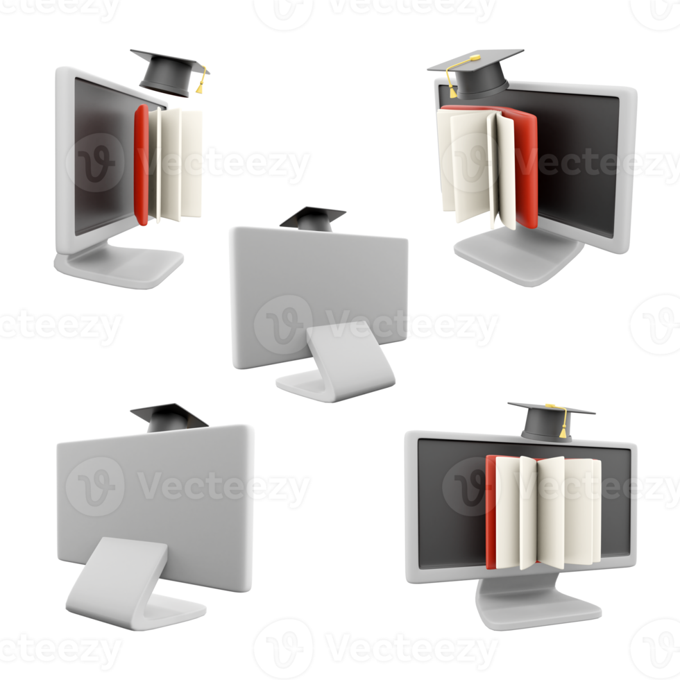3d rendering computer monitor with graduation cap and diploma icon set. 3d render white monitor with red book and graduation hat different positions icon set. png
