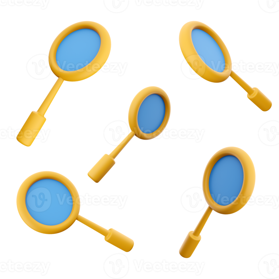 3d rendering magnifying glass icon set. 3d render optical instrument for viewing small objects different positions icon set. png