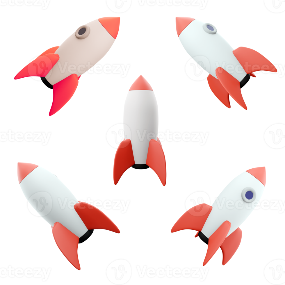 3d rendering space rocket model different positions icon set. 3d render rocketship, sceince, education icon set. png