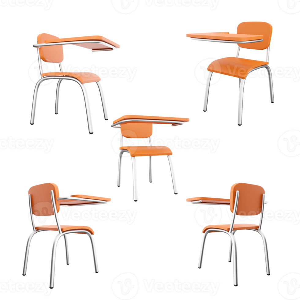 3d rendering college chair icon set. 3d render chair with a stand for hands and objects different positions icon set. png