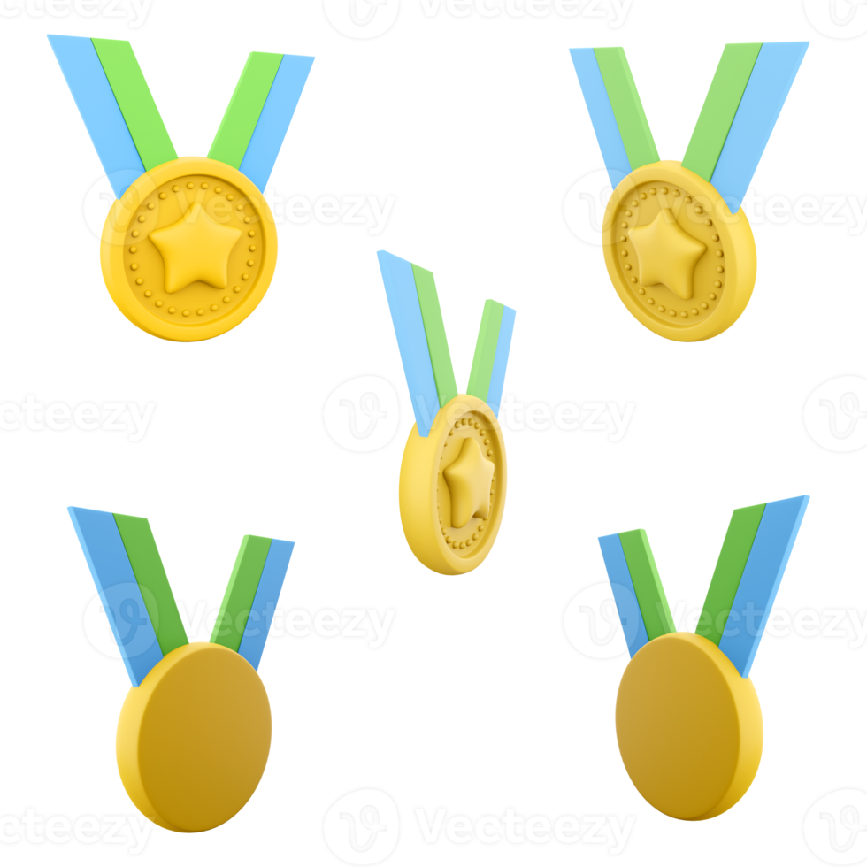 3d rendering gold medal for first place icon set. 3d render sign in the form of a round metal plate with various images different positions icon set. png