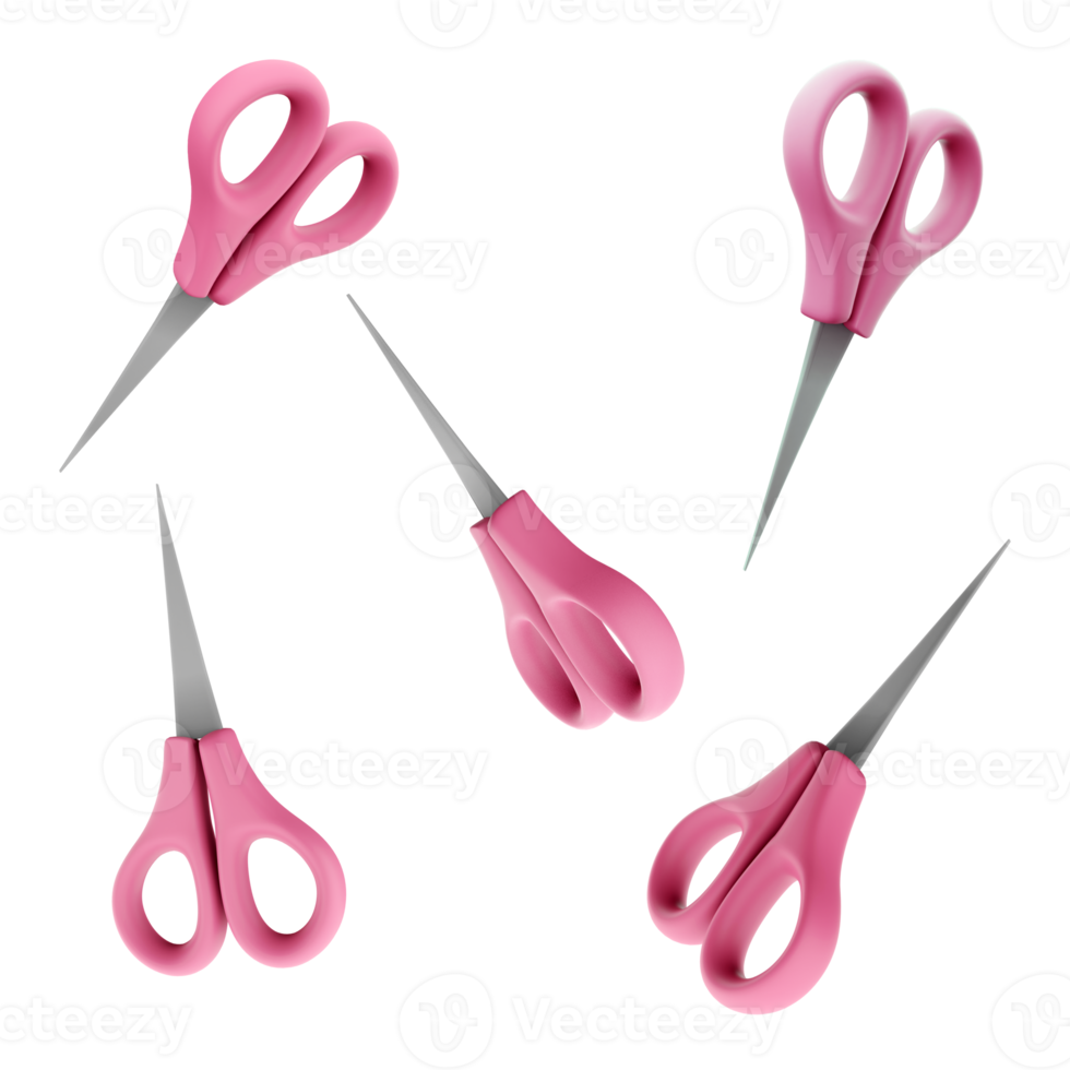 3d rendering pink scissors icon set. 3d render tool for school different positions icon set. png