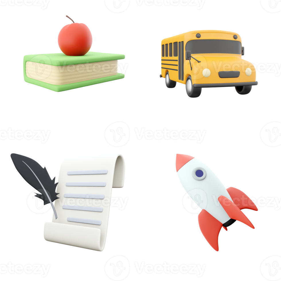 3d rendering book with apple, school bus, feather with papet and rocket model icon set. 3d render elements of study icon set. png
