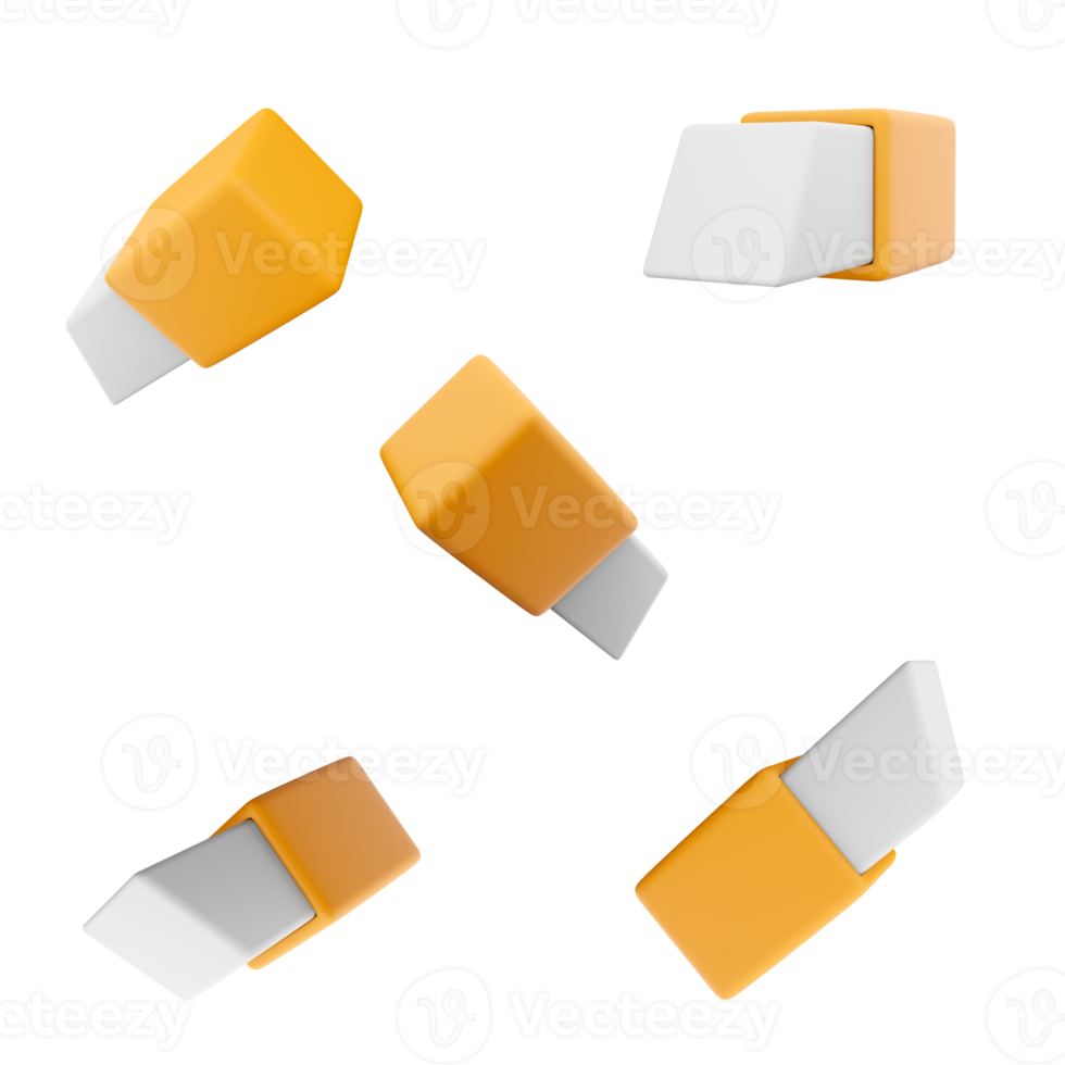 3d rendering eraser icon set. 3d rendr writing utensil for removing pencil inscriptions from paper different positions icon set. png