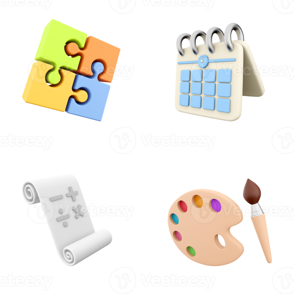 3d rendering puzzle, calendar, math signs on a sheet and a palette with a brush icon set. 3d render education concept icon set. png