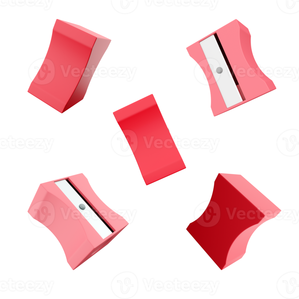 3d rendering red sharpener icon set. 3d render Pencil sharpening machine different positions icon set. png