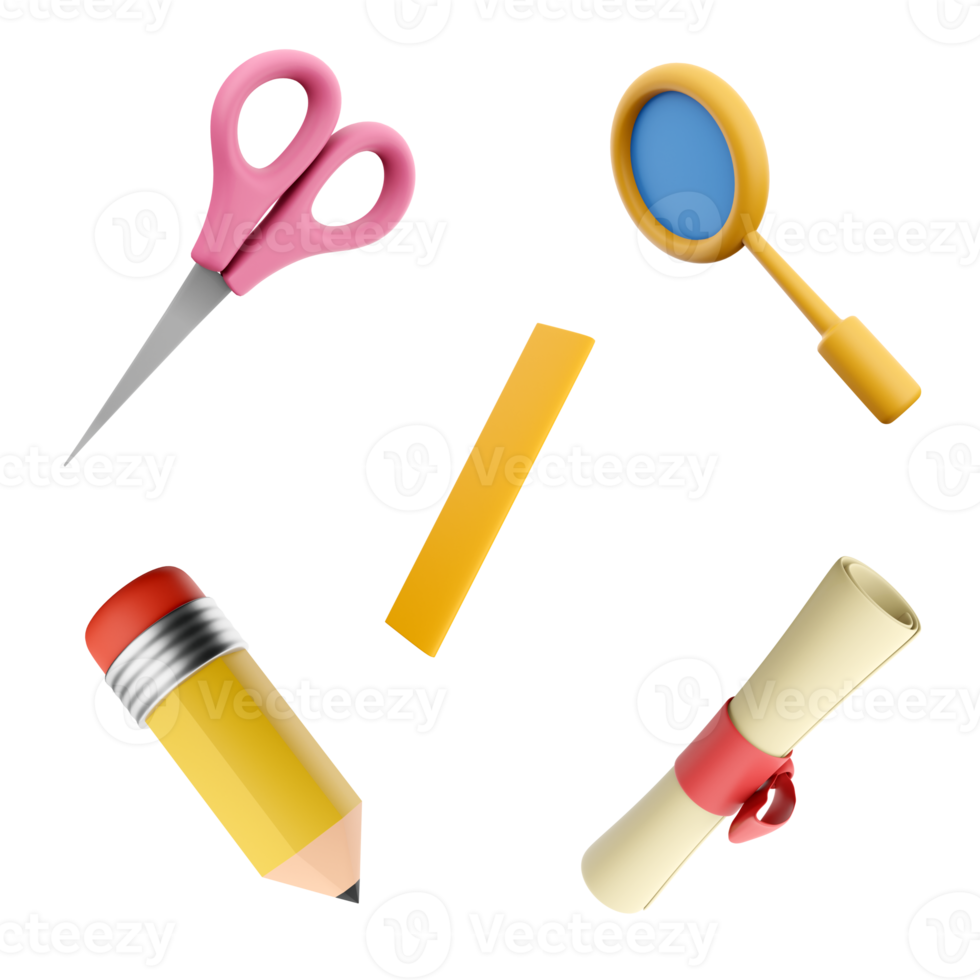 3d rendering scissors, magnifier, ruler, pencil with an eraser at the end and diploma icon set. 3d render education concept icon set. png