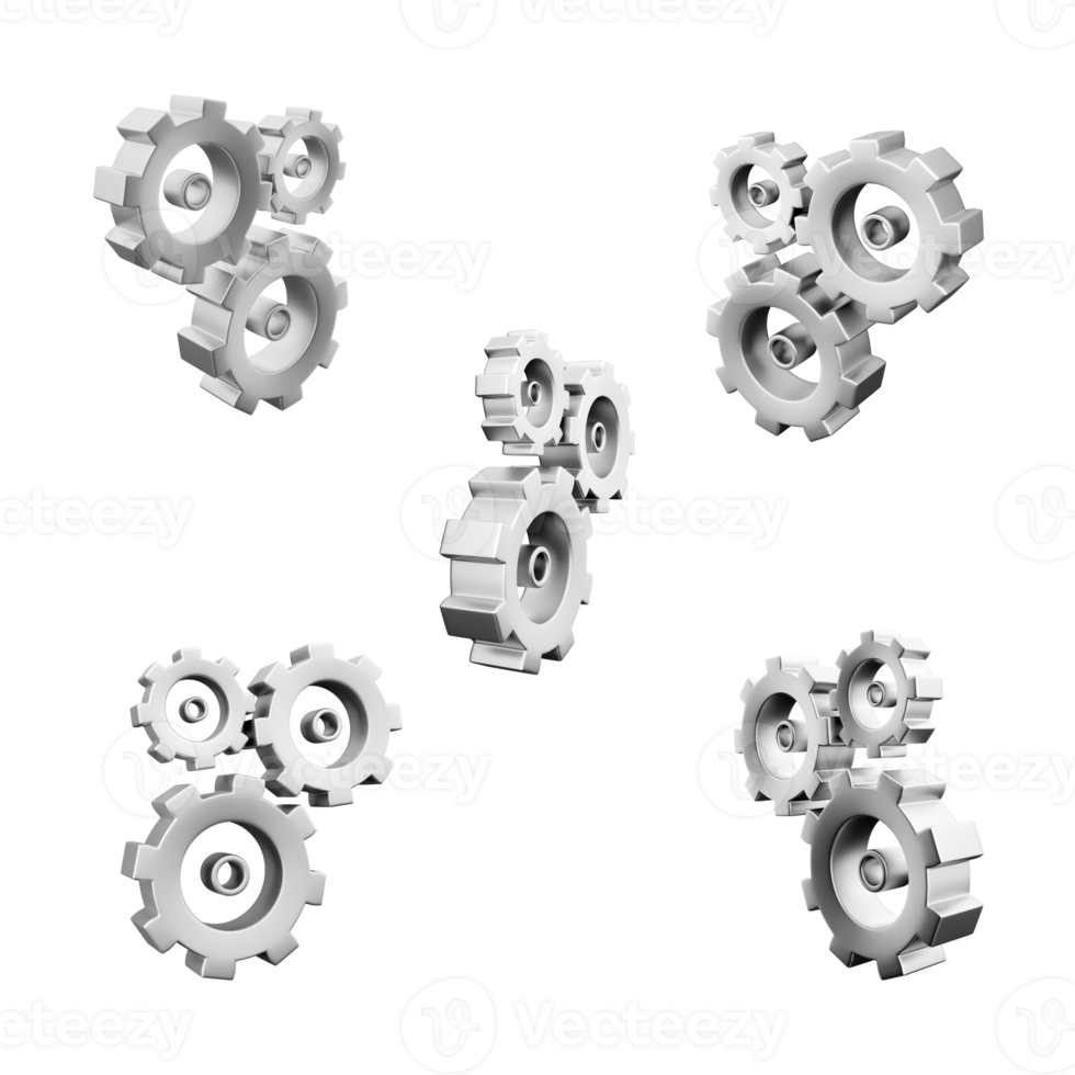 3d rendering three gears icon set. 3d render mechanism consisting of three gears of different sizes different positions icon set. png