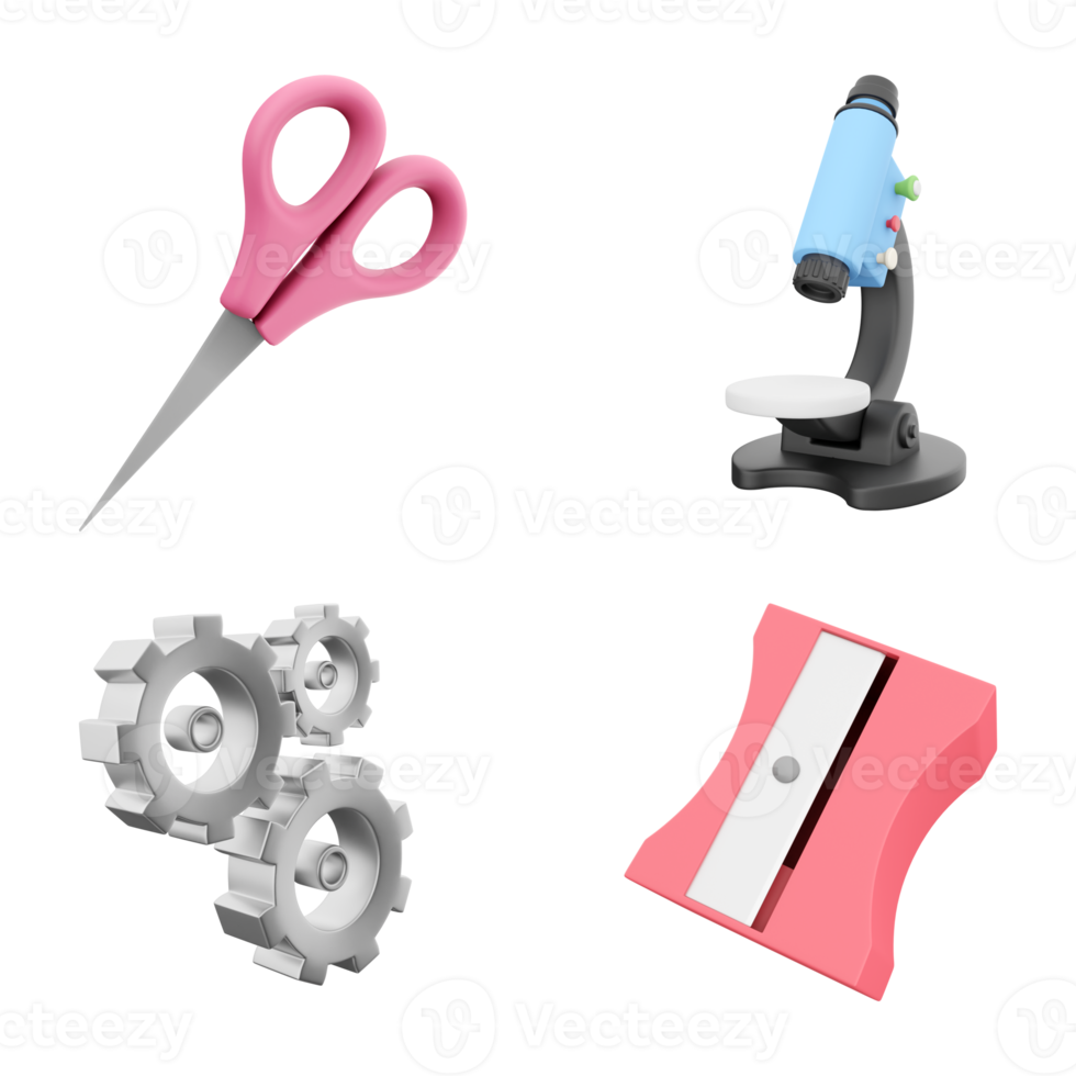 3d rendering scissors, microscope, three gears and sharpener icon set. 3d render education concept icon set. png