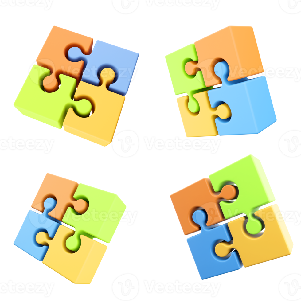 3d rendering four-piece children's puzzle icon set. 3d render puzzle for kids different positions icon set. png