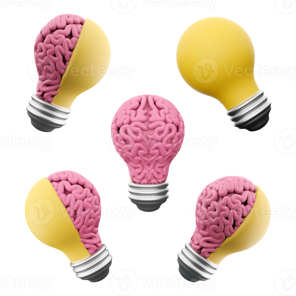 3d rendering pink glowing human brain inside the electric light bulb icon set. 3d render an idea that enters the human mind different positions icon set. png