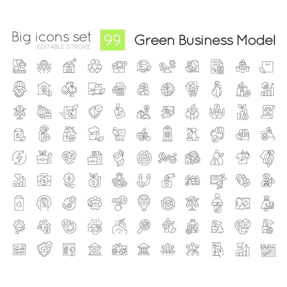 Green business model linear icons set. Sustainable company. Environmental friendly. Customizable thin line symbols. Isolated vector outline illustrations. Editable stroke