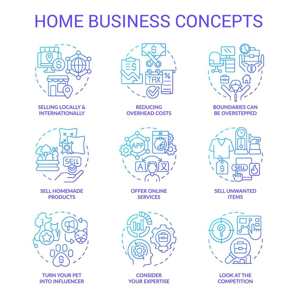 Home business blue gradient concept icons set. Low investment. Small entrepreneurship. Self employment idea thin line color illustrations. Isolated symbols vector