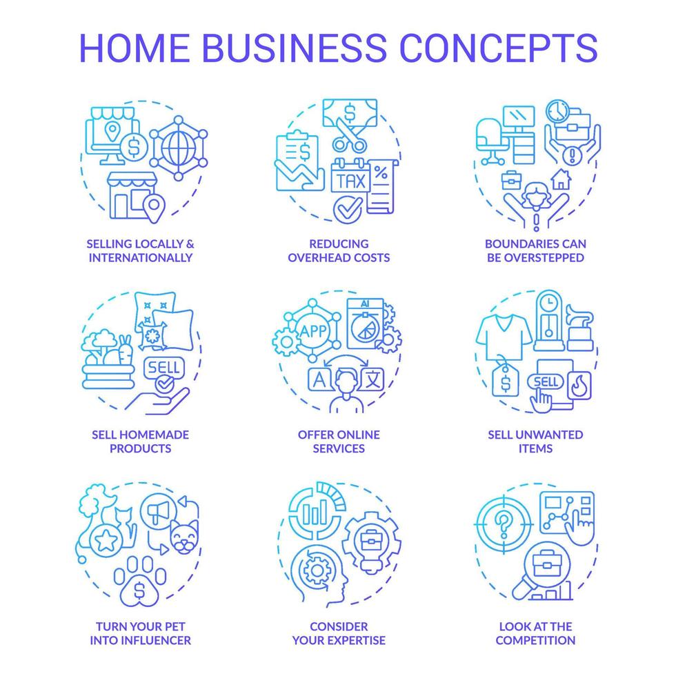 Home business blue gradient concept icons set. Low investment. Small entrepreneurship. Self employment idea thin line color illustrations. Isolated symbols vector