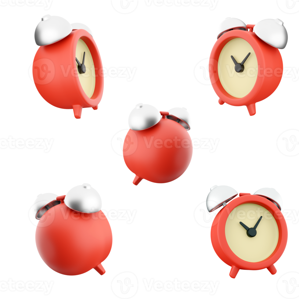 3d rendering red alarm clock icon set. 3d render Clock with a special winding, ringing at the required time different positions icon set. png