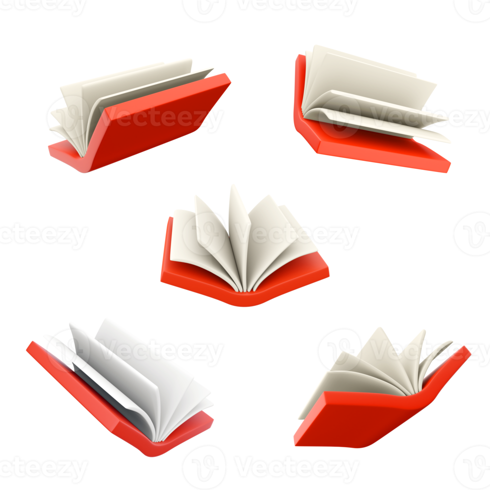 3d rendering open book with red cover icon set. 3d render learning from book different positions icon set. png