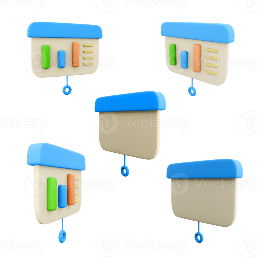 3d rendering presentation board with bar graph icon set. 3d render marker board with a holder for a sheet or block of paper different positions icon set. png