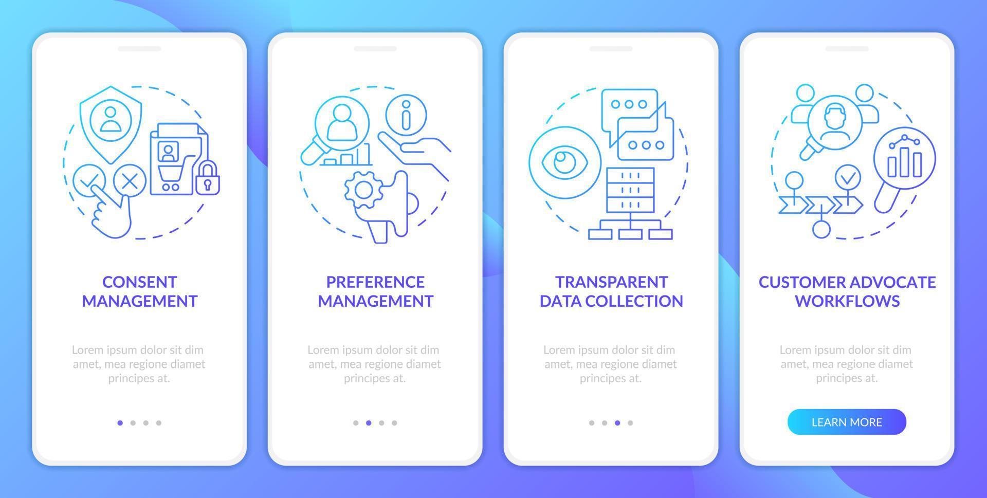 CIAM strategy features blue gradient onboarding mobile app screen. Walkthrough 4 steps graphic instructions with linear concepts. UI, UX, GUI template vector