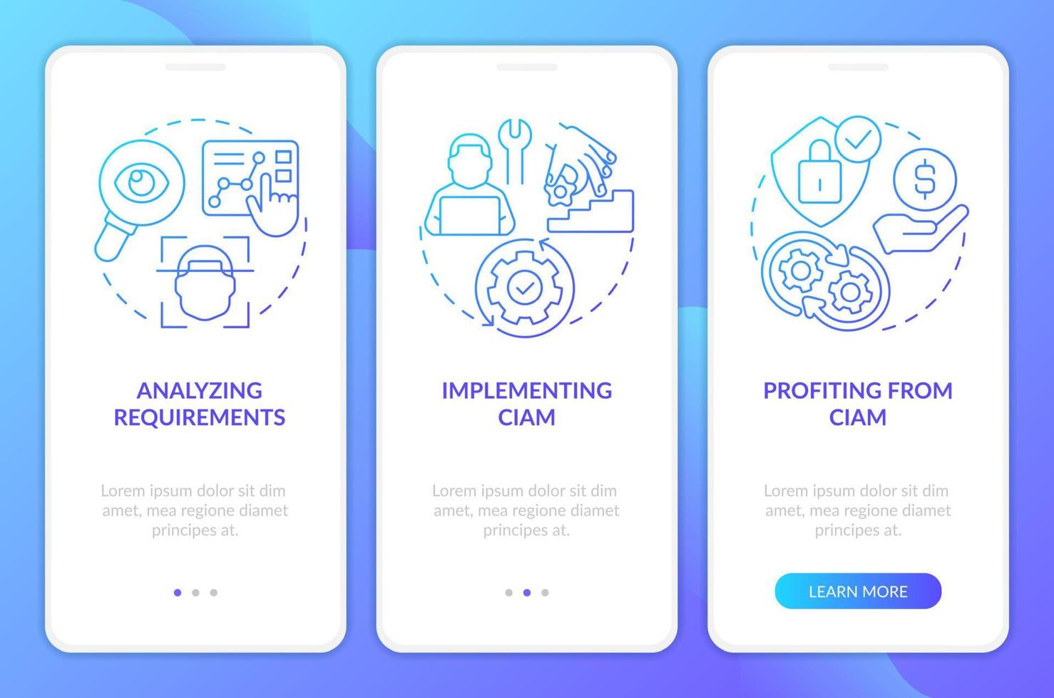 implementar ciam estrategia azul degradado inducción móvil aplicación pantalla. recorrido 3 pasos gráfico instrucciones con lineal conceptos. ui, ux, gui modelo vector