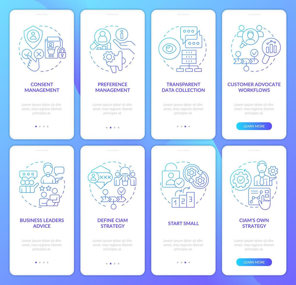CIAM strategy blue gradient onboarding mobile app screen set. Walkthrough 5 steps graphic instructions with linear concepts. UI, UX, GUI template vector