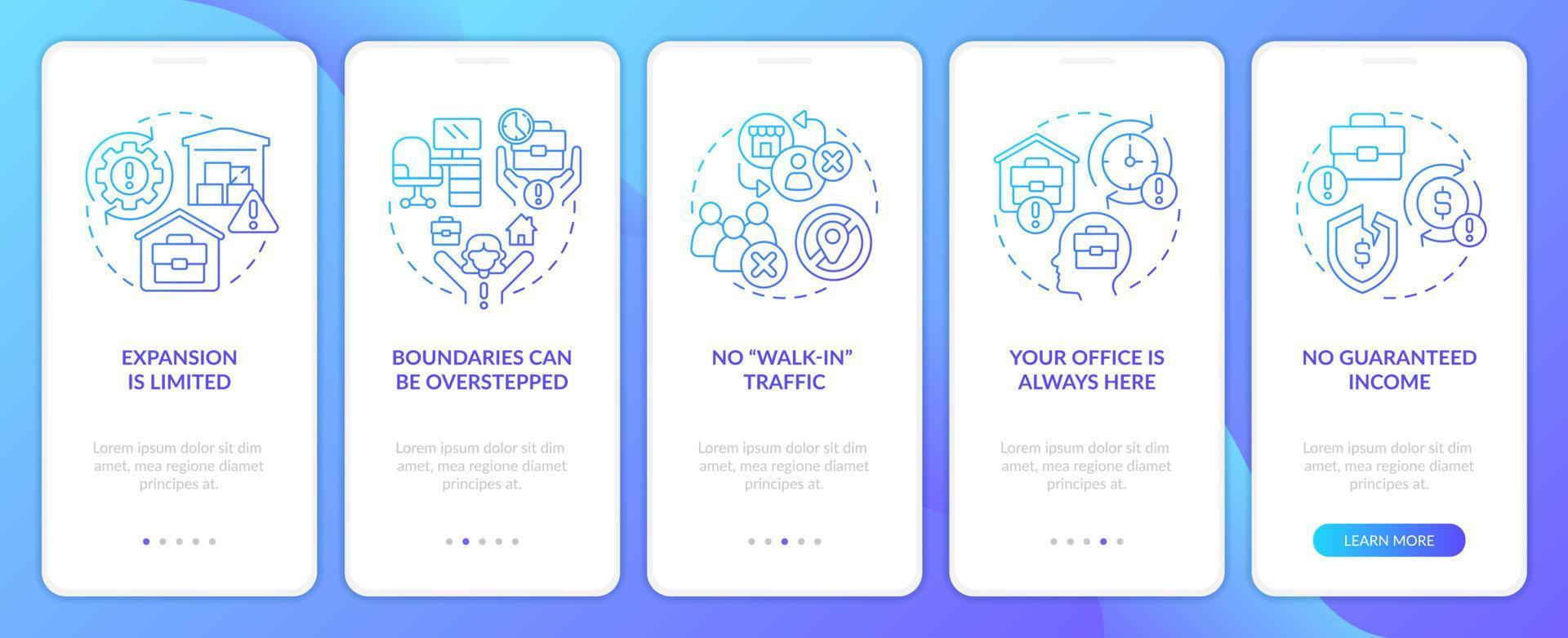Home business challenges blue gradient onboarding mobile app screen. Walkthrough 5 steps editable graphic instructions with linear concepts. UI, UX, GUI template vector