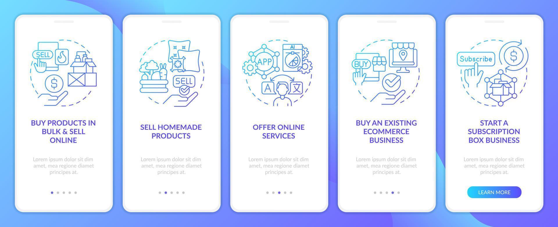 Profitable startup ideas blue gradient onboarding mobile app screen. Walkthrough 5 steps editable graphic instructions with linear concepts. UI, UX, GUI template vector