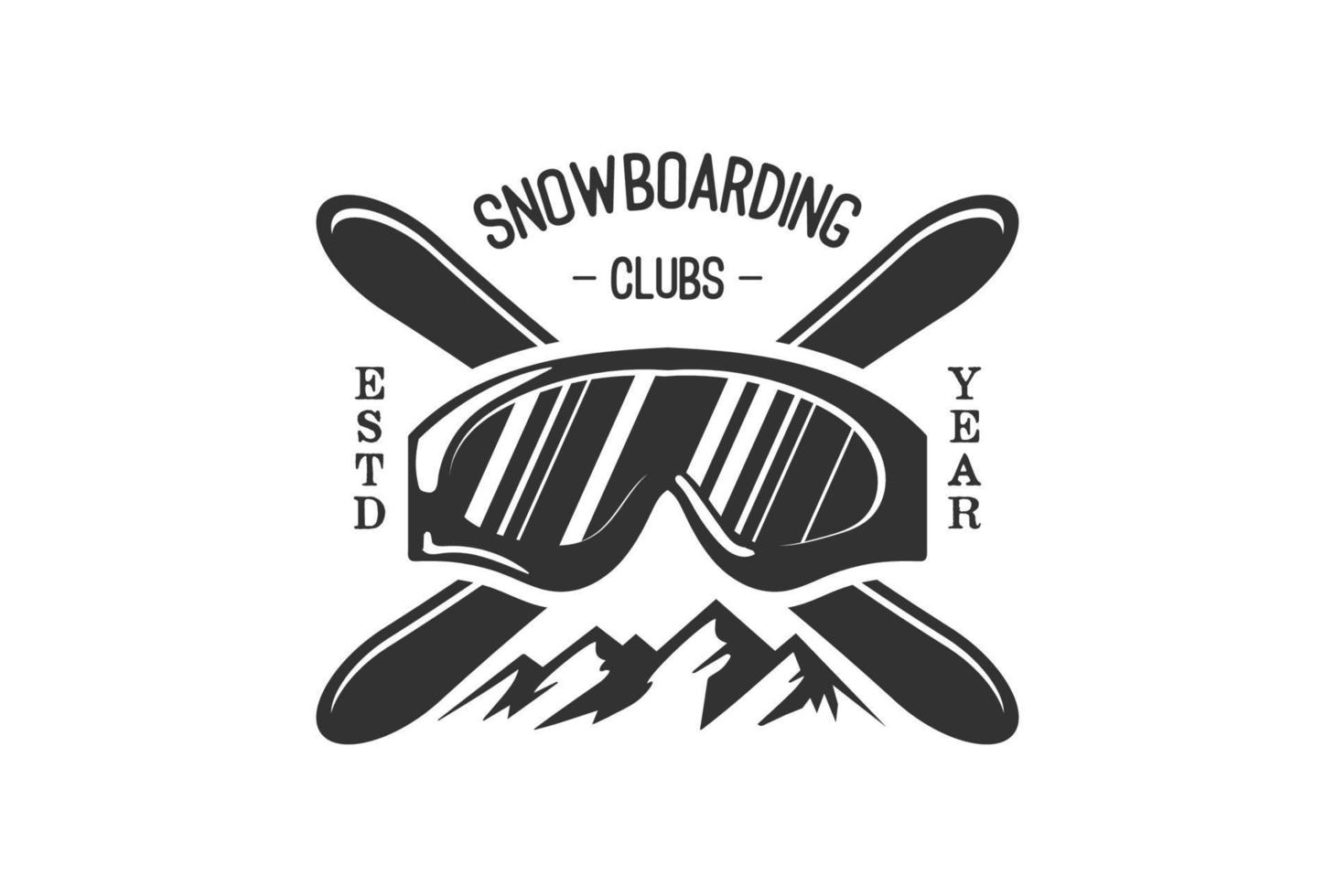 Clásico cruzado tabla de snowboard con esquí gafas de protección y iceberg para Snowboarding logo vector