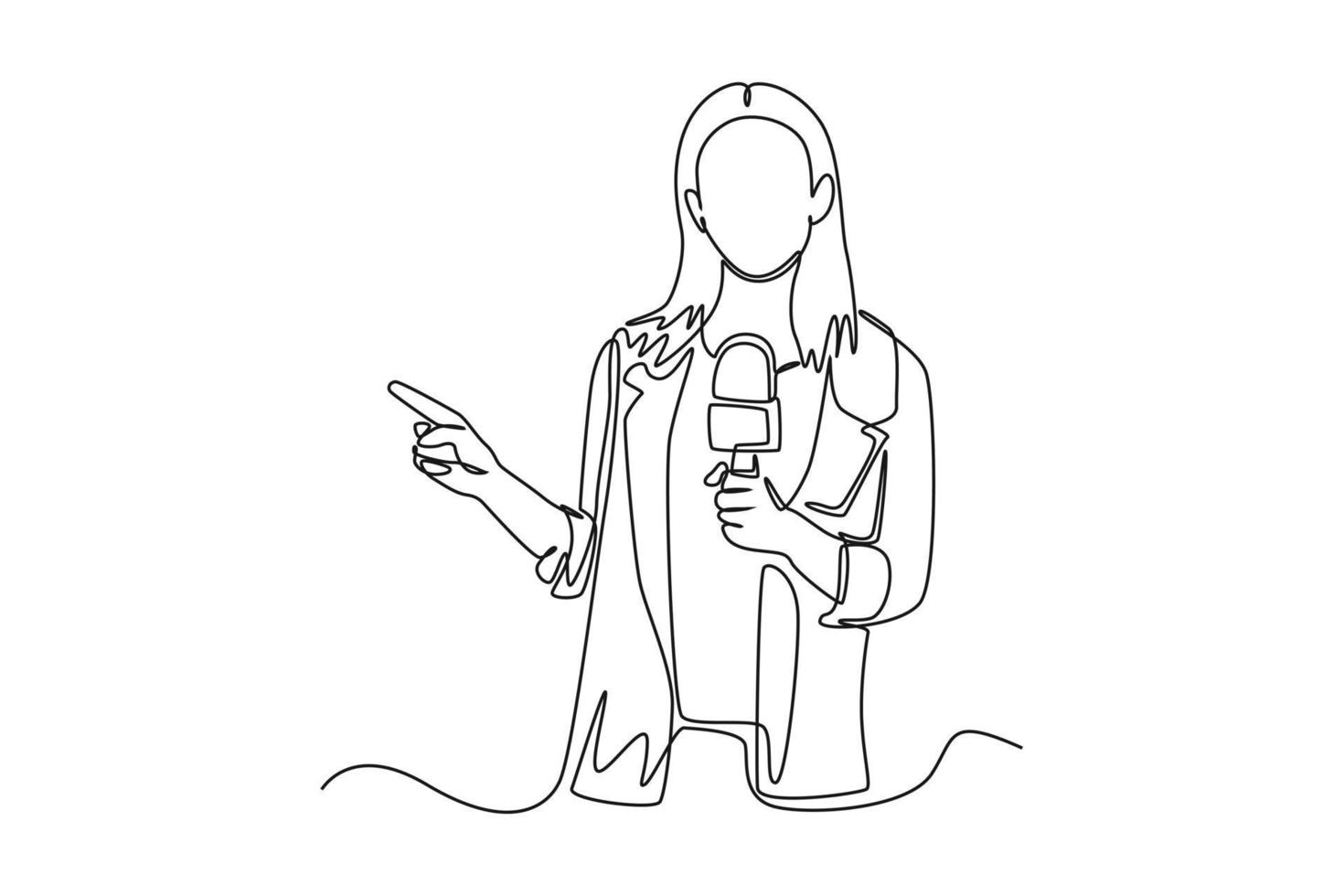 Continuous one line drawing happy anchor woman holding mic with