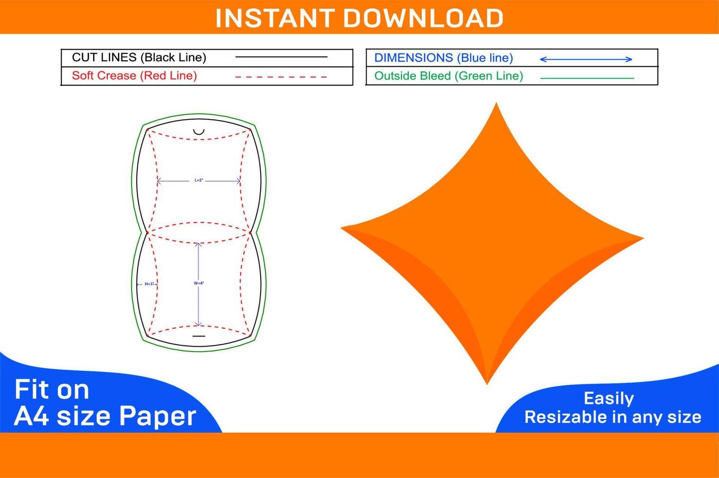 Gift box or Pillow box packaging dieline template and 3D box design Box dieline and 3D box vector