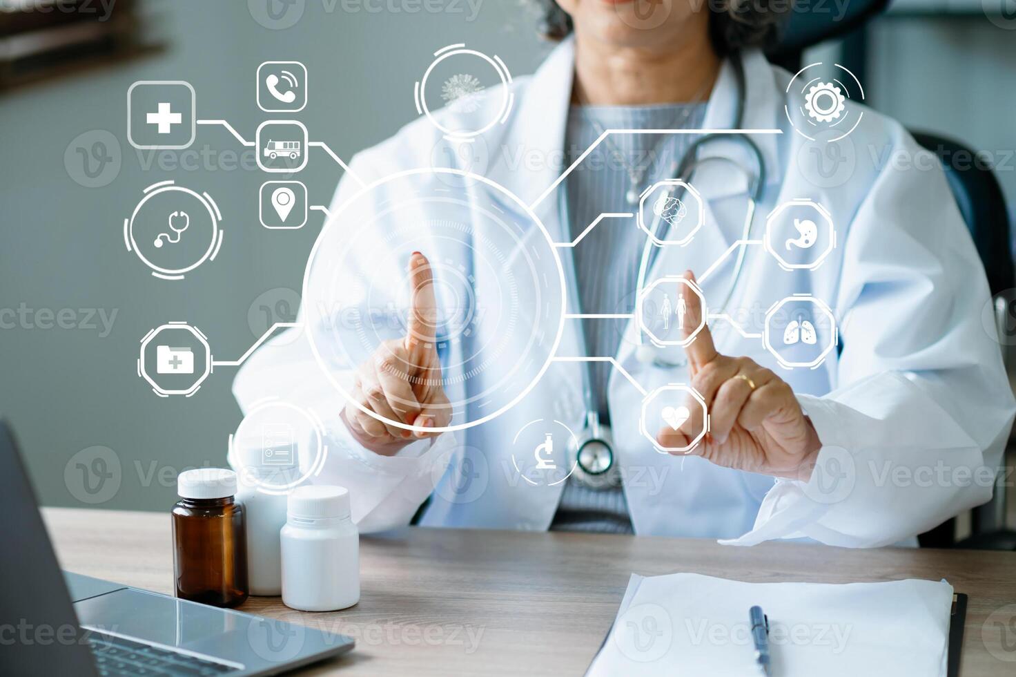 Medicine doctor using digital tablet and smartphone diagnose virtual electronic medical record on interface.Digital healthcare and network on virtual screen medical technology photo