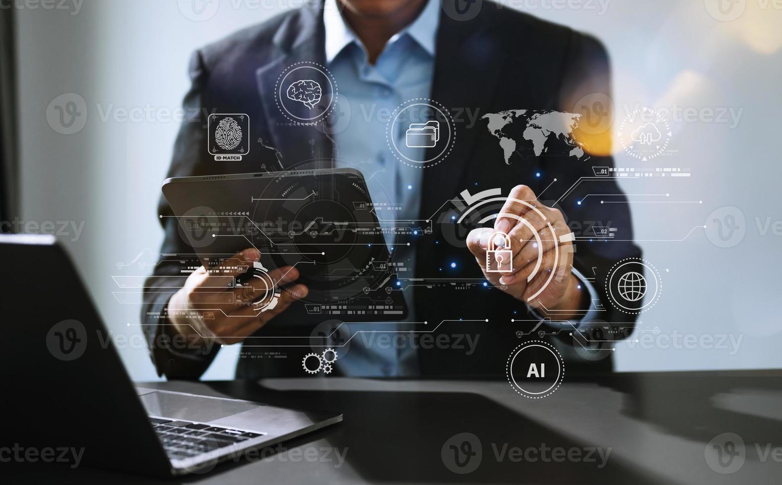 Network security. business using digital tablet and computer with digital padlock for data protection, internet technology networking and cyber security technology photo