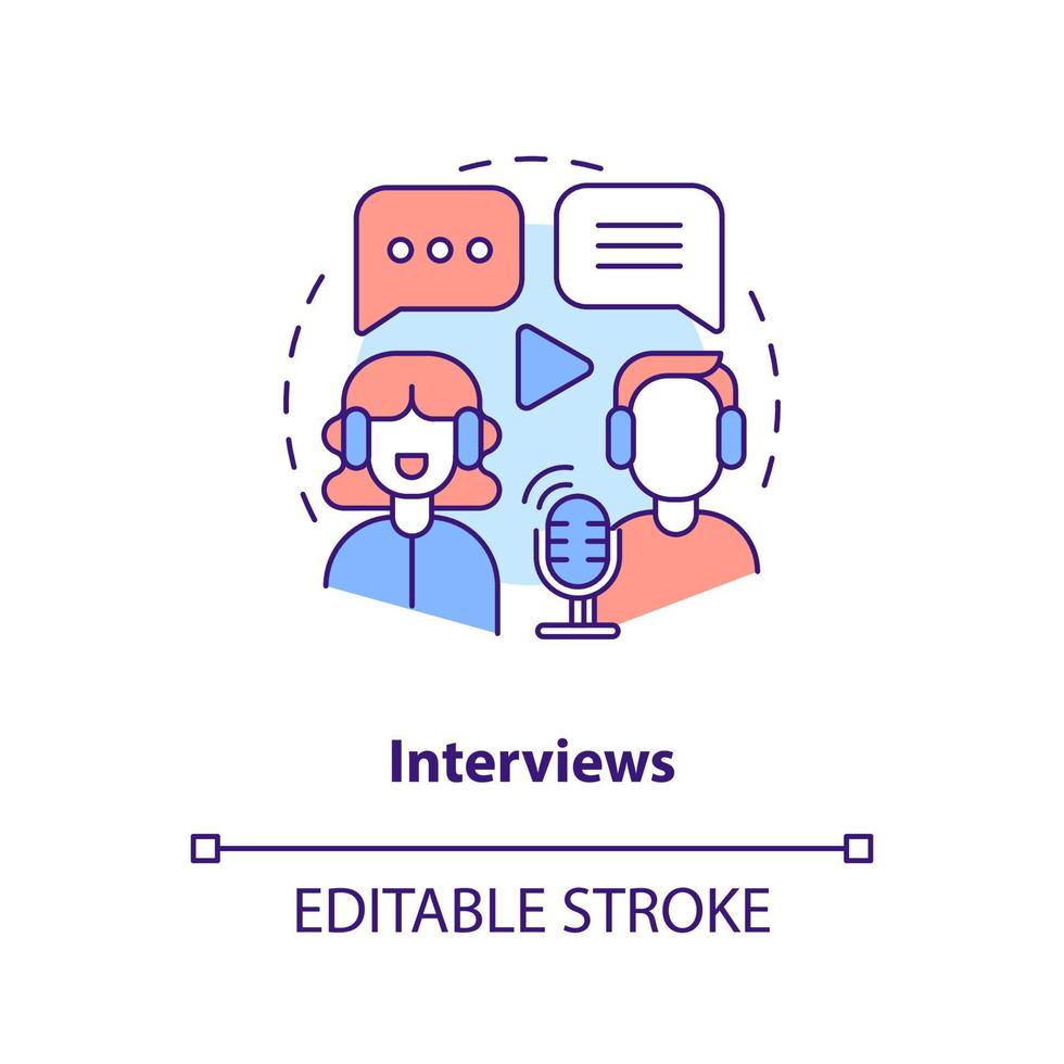 Interviews concept icon. Live streaming. Online streamer. Popular podcast type abstract idea thin line illustration. Isolated outline drawing. Editable stroke vector