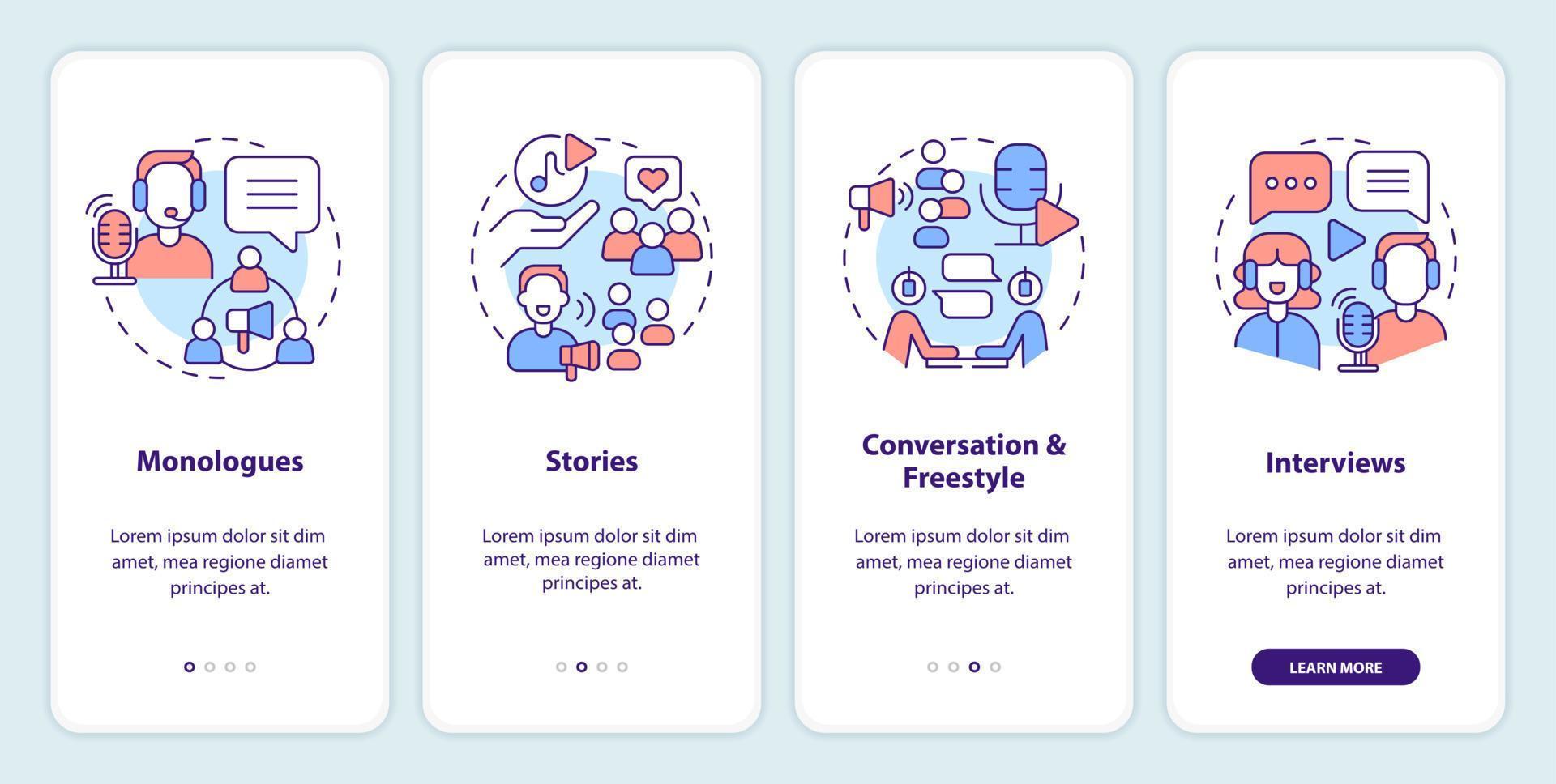 Popular podcast types onboarding mobile app screen. Video content. Walkthrough 4 steps editable graphic instructions with linear concepts. UI, UX, GUI template vector