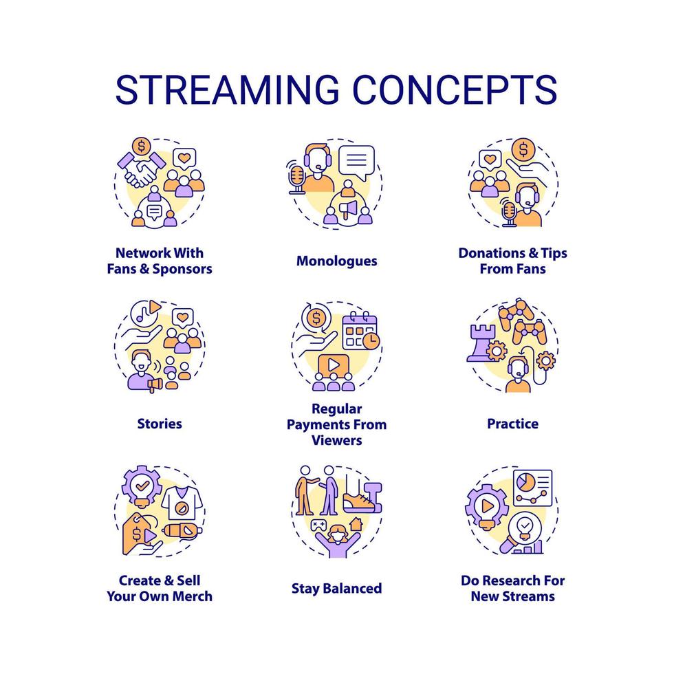 Streaming concept icons set. Live video. Esports broadcasting. Online streamer idea thin line color illustrations. Isolated symbols. Editable stroke vector