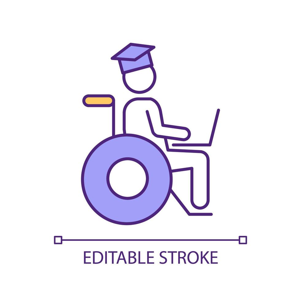 Education accessibility RGB color icon. Available program for people with disability. Student in wheelchair. Isolated vector illustration. Simple filled line drawing. Editable stroke