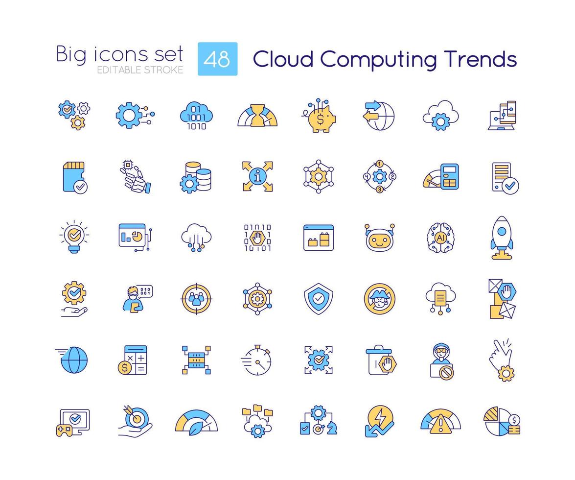 Cloud computing trends RGB color icons set. Digital information management. Isolated vector illustrations. Simple filled line drawings collection. Editable stroke