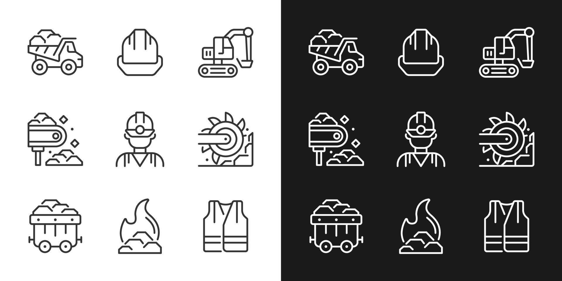 Coal extraction pixel perfect linear icons set for dark, light mode. Heavy industry machine equipment. Miner protection. Thin line symbols for night, day theme. Isolated illustrations. Editable stroke vector