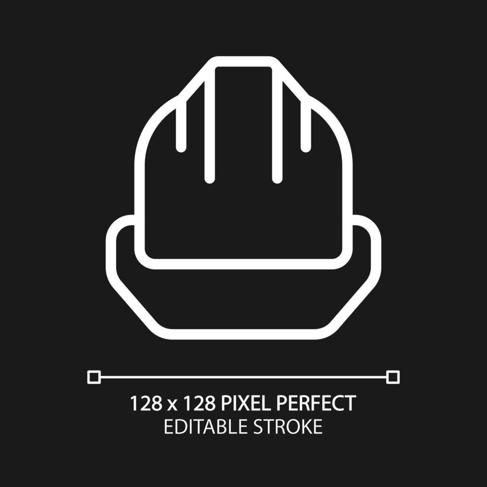 Hard hat pixel perfect white linear icon for dark theme. Personal protective equipment. Safety helmet. Miner uniform. Thin line illustration. Isolated symbol for night mode. Editable stroke vector