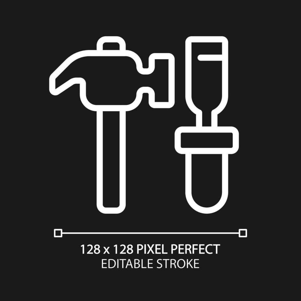 Hammer and chisel pixel perfect white linear icon for dark theme. Manual instruments for miners. Ore extraction. Coal mining. Thin line illustration. Isolated symbol for night mode. Editable stroke vector