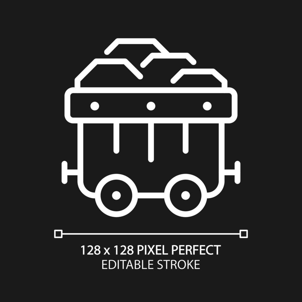 Coal cart pixel perfect white linear icon for dark theme. Heavy industry equipment. Transportation of stones and minerals. Thin line illustration. Isolated symbol for night mode. Editable stroke vector