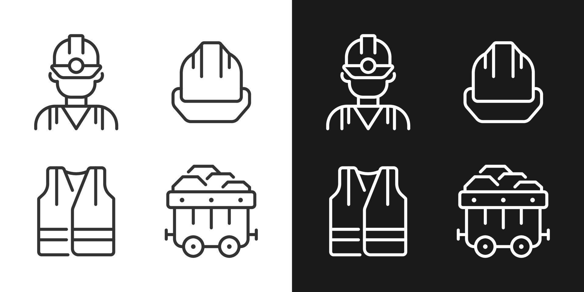 Coal miner protective equipment pixel perfect linear icons set for dark, light mode. Reflective vest and hardhat. Thin line symbols for night, day theme. Isolated illustrations. Editable stroke vector