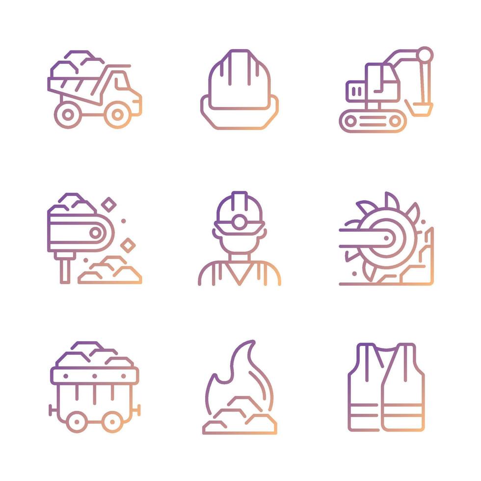Coal extraction pixel perfect gradient linear vector icons set. Heavy industry machine equipment. Miner protection. Thin line contour symbol designs bundle. Isolated outline illustrations collection