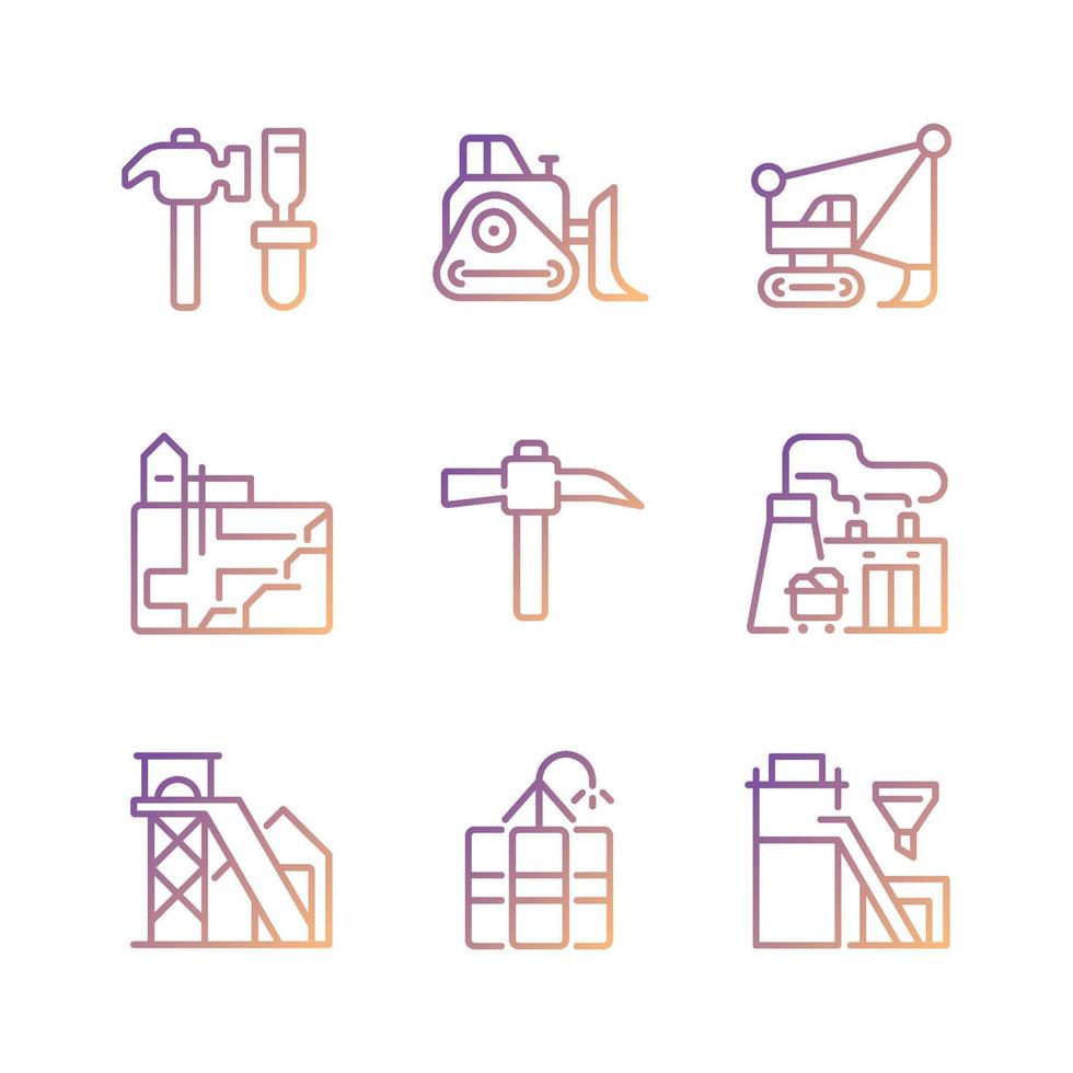 minería industria relacionado píxel Perfecto degradado lineal vector íconos colocar. pesado equipo. carbón Procesando planta. Delgado línea contorno símbolo diseños manojo. aislado contorno ilustraciones colección