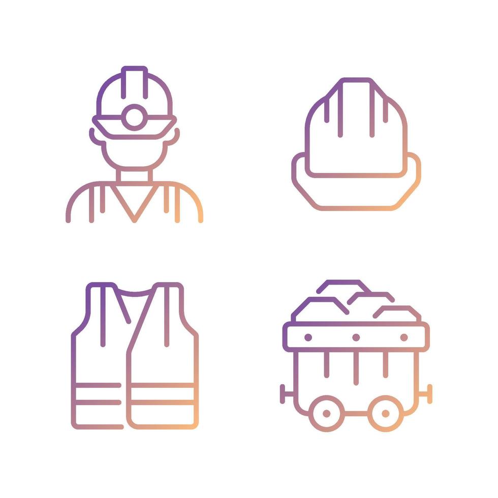 Coal miner protective equipment pixel perfect gradient linear vector icons set. Reflective vest and hardhat. Thin line contour symbol designs bundle. Isolated outline illustrations collection