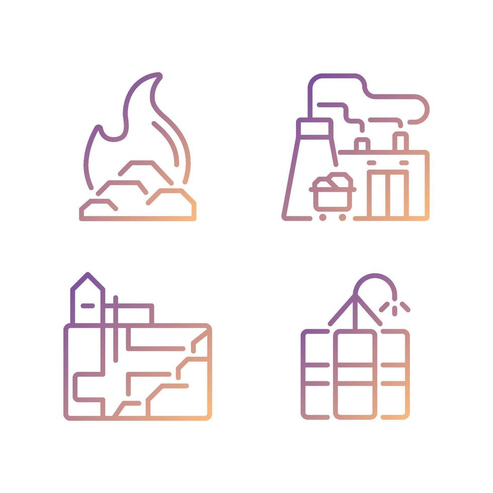 Coal processing pixel perfect gradient linear vector icons set. Fossil fuel power plant. Coal combustion. Thin line contour symbol designs bundle. Isolated outline illustrations collection